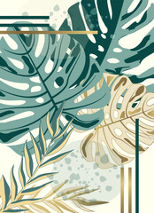 Tropical Leaf Art with Gold Accents. Modern Botanical Wall Decor Featuring Green Monstera and Palm Leaves in a Stylish Composition. Luxury Nature-Inspired Print for Interior Design and Posters