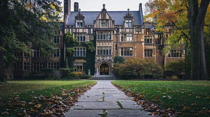 Obraz premium Elegant Historic Building Surrounded by Autumn Foliage in a Peaceful Setting Ideal for Social and Community Issues