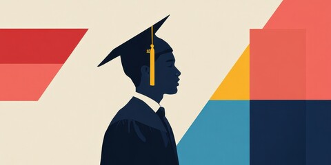 A graduate in a cap and gown against a colorful background