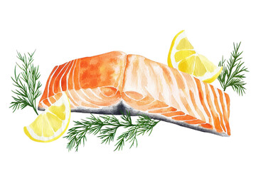 Watercolor illustration of salmon fillet with lemon slices and dill garnish