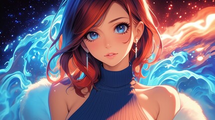 Naklejka premium Anime girl with fiery hair and blue eyes surrounded by cosmic energy and stars