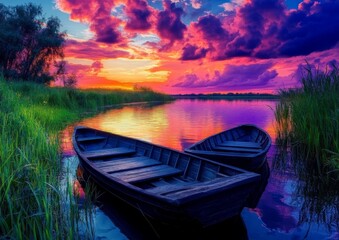 Fototapeta premium Ships on a calm lake, capturing the beauty of the landscape