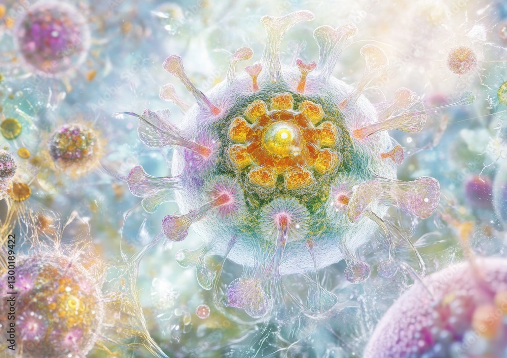 Poster scientific micrograph showcasing monkeypox virus particles with a bokeh effect