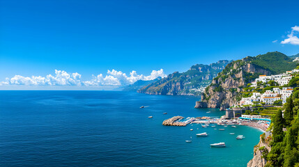 Scenic Coastal Panorama Featuring Blue Ocean Cliffs White Buildings And Lush Green Vegetation Under Clear Blue Sky