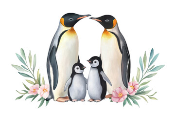 Fototapeta premium Two adult penguins with two chicks surrounded by flowers and leaves