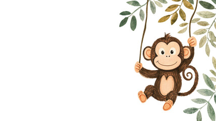 Fototapeta premium cute cartoon monkey swings joyfully on leafy branch with playful expression