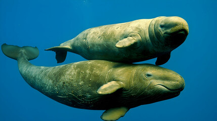 Fototapeta premium Underwater mother dugong and calf swim in ocean, deep blue background, marine conservation