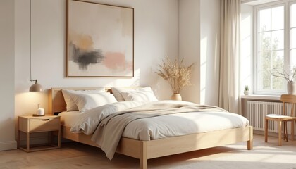 Scandinavian bedroom interior in beige tones features wooden bed, stylish lamp, decor. Comfortable, elegant space evokes cosy, luxury apartment with modern furniture. Minimalist design for house