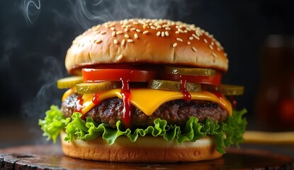 Gourmet Burger Perfection: Steaming Beef Patty with Classic Fixings
