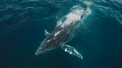 Fototapeta premium Humpback whale breaching ocean surface, aerial view, turquoise water, background waves, marine wildlife documentary