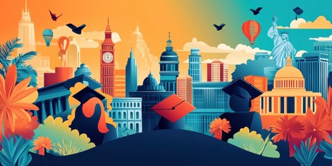 Fototapeta premium A colorful illustration depicting global education and graduation