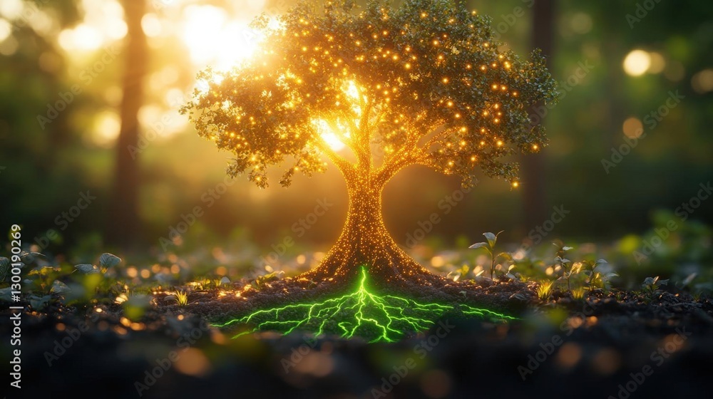 Poster glowing tree with roots in forest