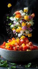 Fresh vegetables falling into bowl creating delicious summer salad