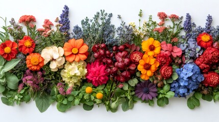 Obraz premium Colorful flowers and herbs creating a vibrant floral border on white background