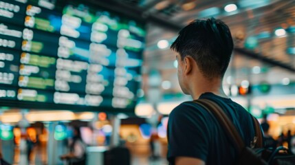 Fototapeta premium Man standing at airport terminal, gazing at large digital screen showing immigration policies, amidst bustling crowd and luggage, highlighting importance of travel regulations and border control infor