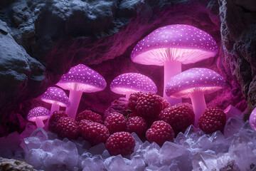 Glowing Pink Mushrooms And Berries In A Cave