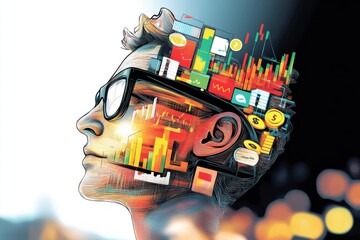 Visión futurista de la independencia financiera a través de la mente humana en un entorno de gráficos y datos económicos