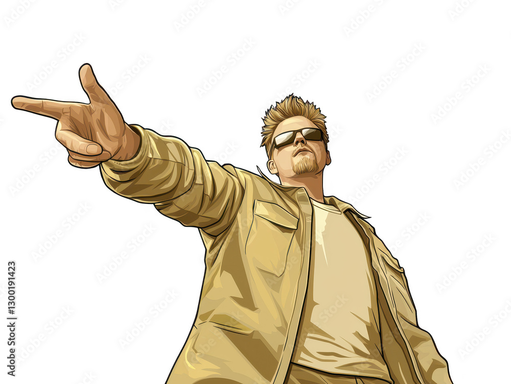 Poster man in yellow jacket points towards something, indicating direction or showing a landmark