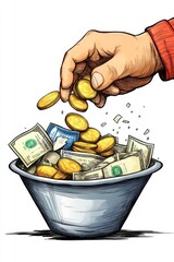 Concepto de independencia financiera con una mano que añade monedas a un recipiente lleno de dinero
