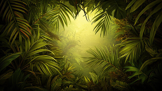Lush Green Tropical Jungle with Golden Sunlight Rays