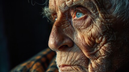 Portrait of an Elderly Person Reflecting on Life with Deep Wrinkles and Intense Eyes Capturing Social Issues and Human Experience