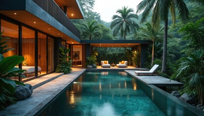 Luxury villa with swimming pool surrounded by palm trees, exotic plants in rainforest. Modern architecture, lounge zone, tropical vibes, holiday destination, relax, escape in pure nature. Summer