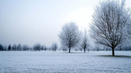 White Frosted Trees on Snowy Field Under Overcast Sky Creating Winter Landscape