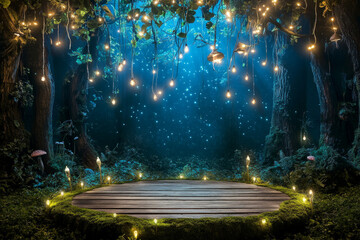 Fototapeta premium The stage is empty, with a moss-covered wooden platform.