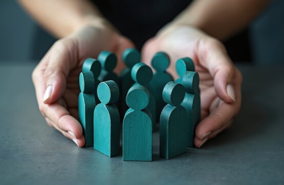 Hands guard wooden figures, collective protection, security, leadership, community support. Oneness, togetherness, well-being, guidance, guardianship, trust, shield, safeguard, defense, manpower,