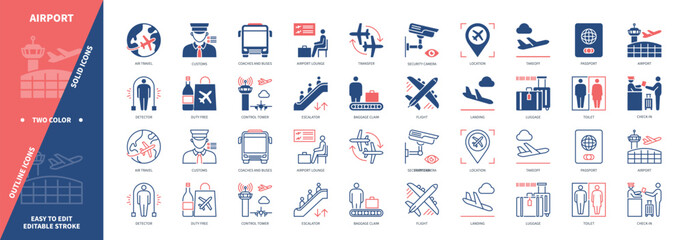 Airport icon set. Flight, Duty Free, Landing, Customs, Check-in, Air Travel, Luggage, Security Camera. Duotone color solid and editable outline icons