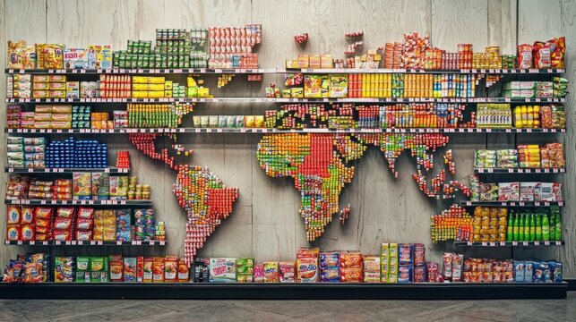 Colorful Grocery Shelves Forming World Map with Food Products