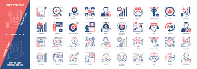 Investment icon set. Angel Investor, Stocks, Asset Allocation, Income, Dividends, Profitability, Portfolio. Duotone color solid and editable outline icons