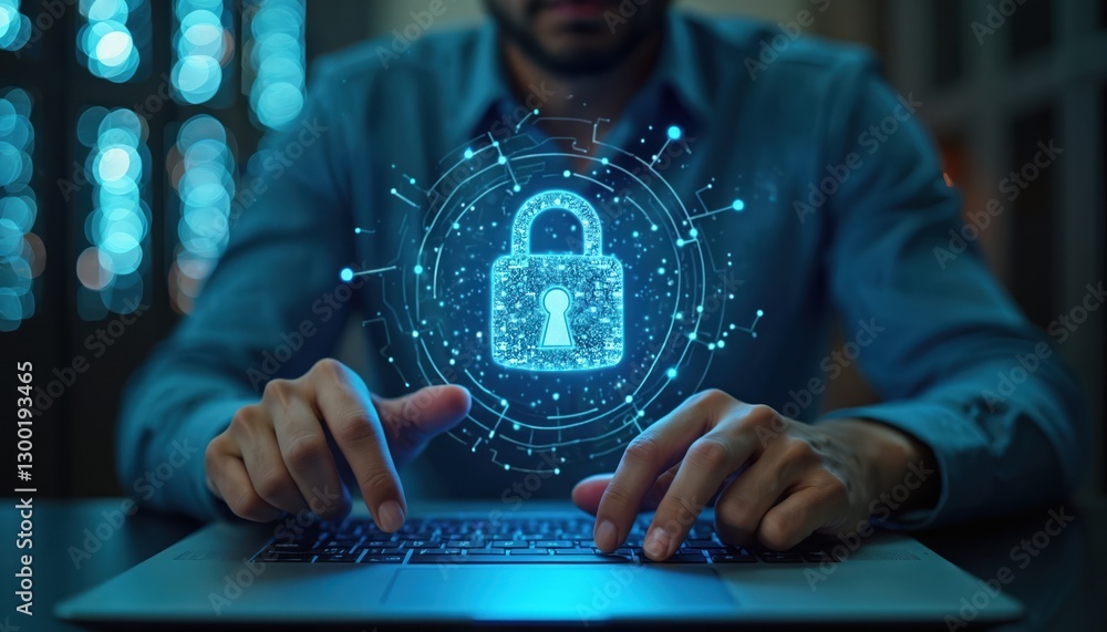 Poster cybersecurity expert unlocks data padlock on computer in glowing network graphics. digital safety te