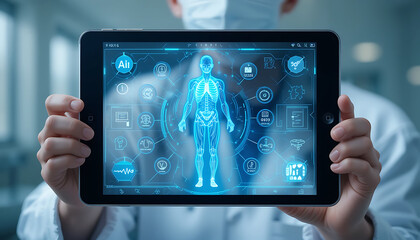 Fototapeta premium Doctor Holding AI-Powered Digital Tablet with Futuristic Medical Hologram for Smart Health Monitoring and Diagnosis