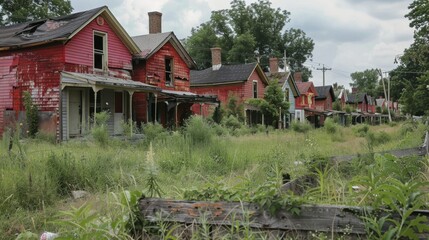 Obraz premium Abandoned Homes in Decay Surrounded by Overgrown Grass in Urban Environment