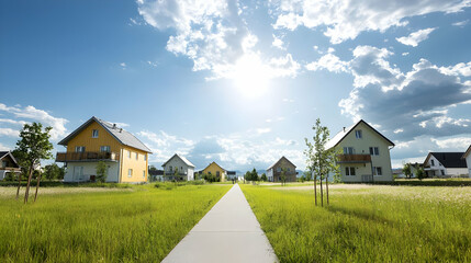 Obraz premium Residential Homes with Pathway in Green Field and Blue Sky on a Sunny Day