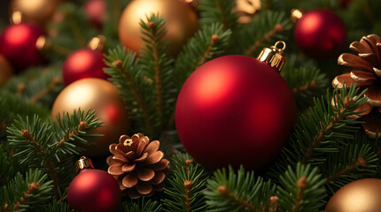 Fototapeta premium Classic Close-Up of Shiny Red and Gold Christmas Tree Ornaments, Pine Cones, Green Pine Branches - Festive Holiday Decor