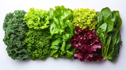 Fresh green leafy vegetables forming a healthy border on white background