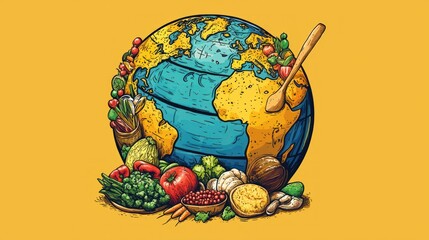 Obraz premium Colorful Illustration of Globe Surrounded by Healthy Vegetables and Fruits