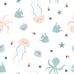 Seamless pattern with cute jellyfish, starfish and seashells.