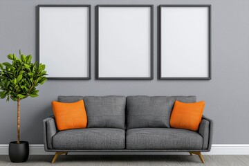 Cozy couch positioned alongside a lush green plant creating a harmonious and inviting living room environment