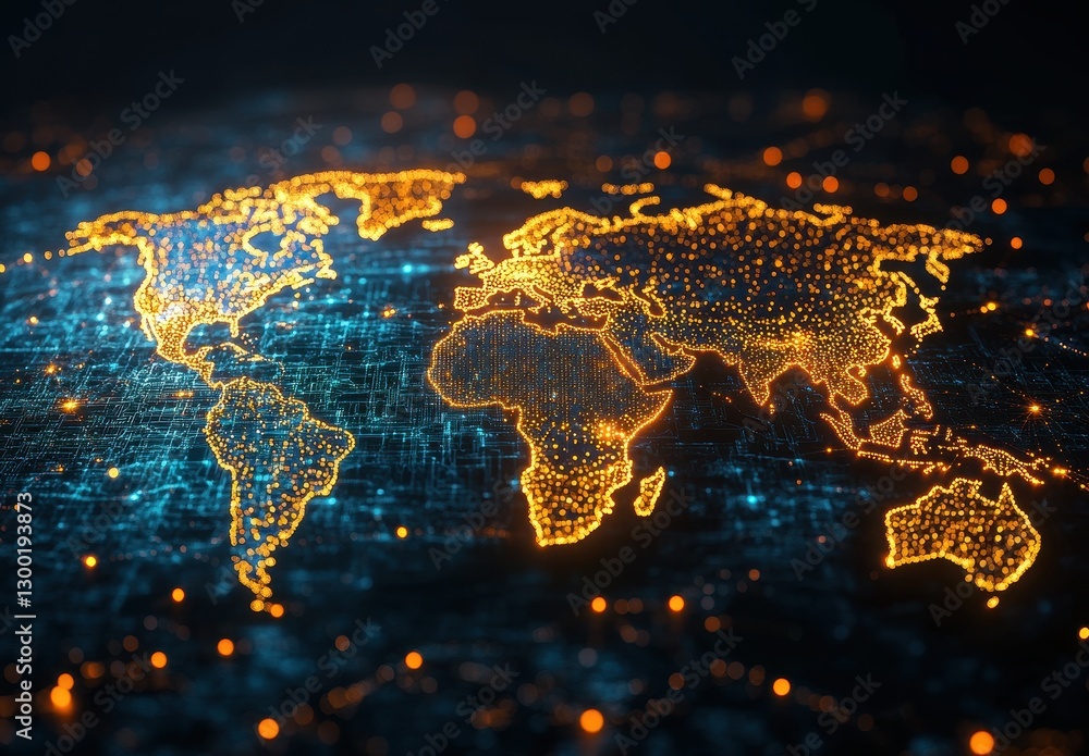 Poster detailed digital representation of an illuminated world map with vibrant points of light highlightin
