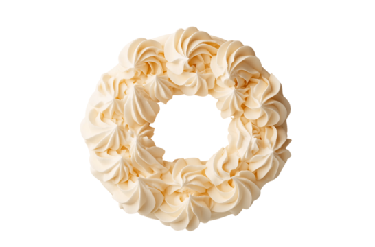 A cake with creamy frosting in the shape of an elegant wreath, captured from above against a beige transparent background