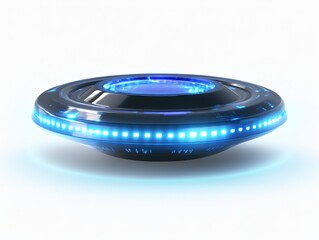 Futuristic disc hovering, blue lights, white background, tech concept