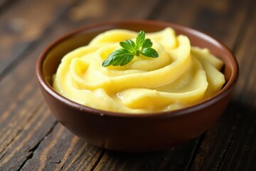 Rich creamy potatoes, smooth, in earthy brown bowl, clean background , milk, closeup, side