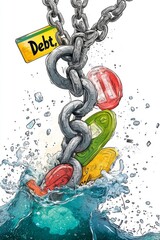 Concepto de libertad financiera mostrando a una persona rompiendo cadenas de deuda en un entorno acuático