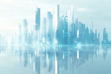 Futuristic city skyline reflecting beautifully on a tranquil water body