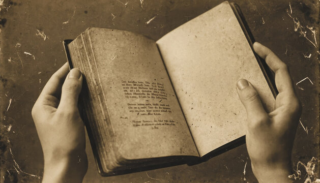 Vintage black and white photo of an old book in his hands. Sepia, aging effect, scuffs. The atmosphere of the past, retro style, historical setting.