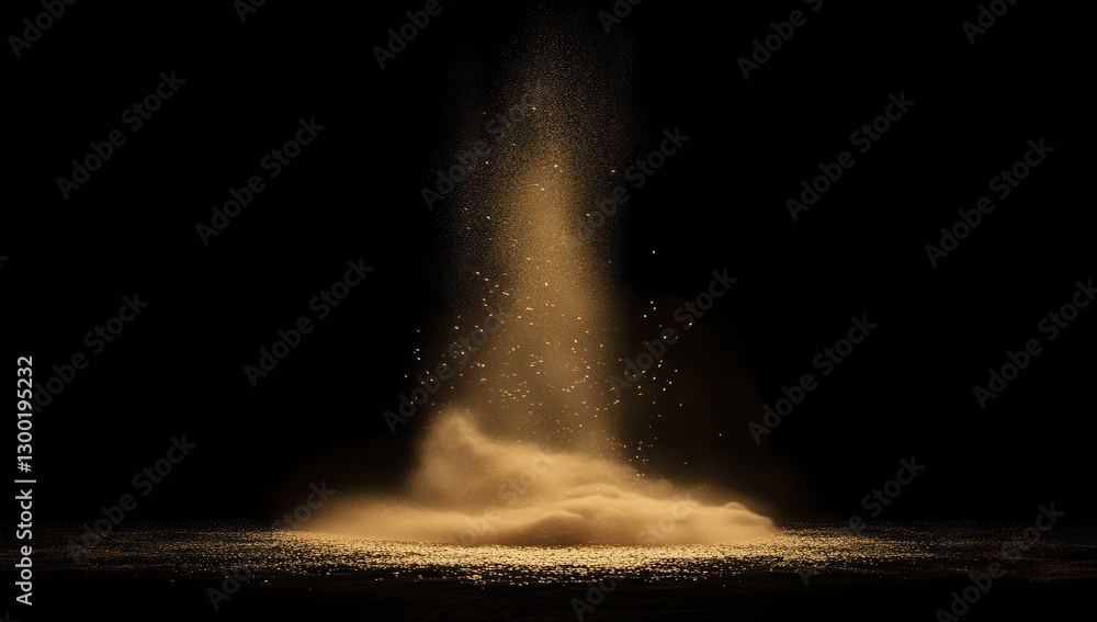 Poster dramatic golden dust explosion against black background capturing artistic element of motion and tex