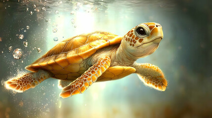 Fototapeta premium Underwater Sea Turtle Swimming, Ocean Sunlight Background, Wildlife Conservation Poster